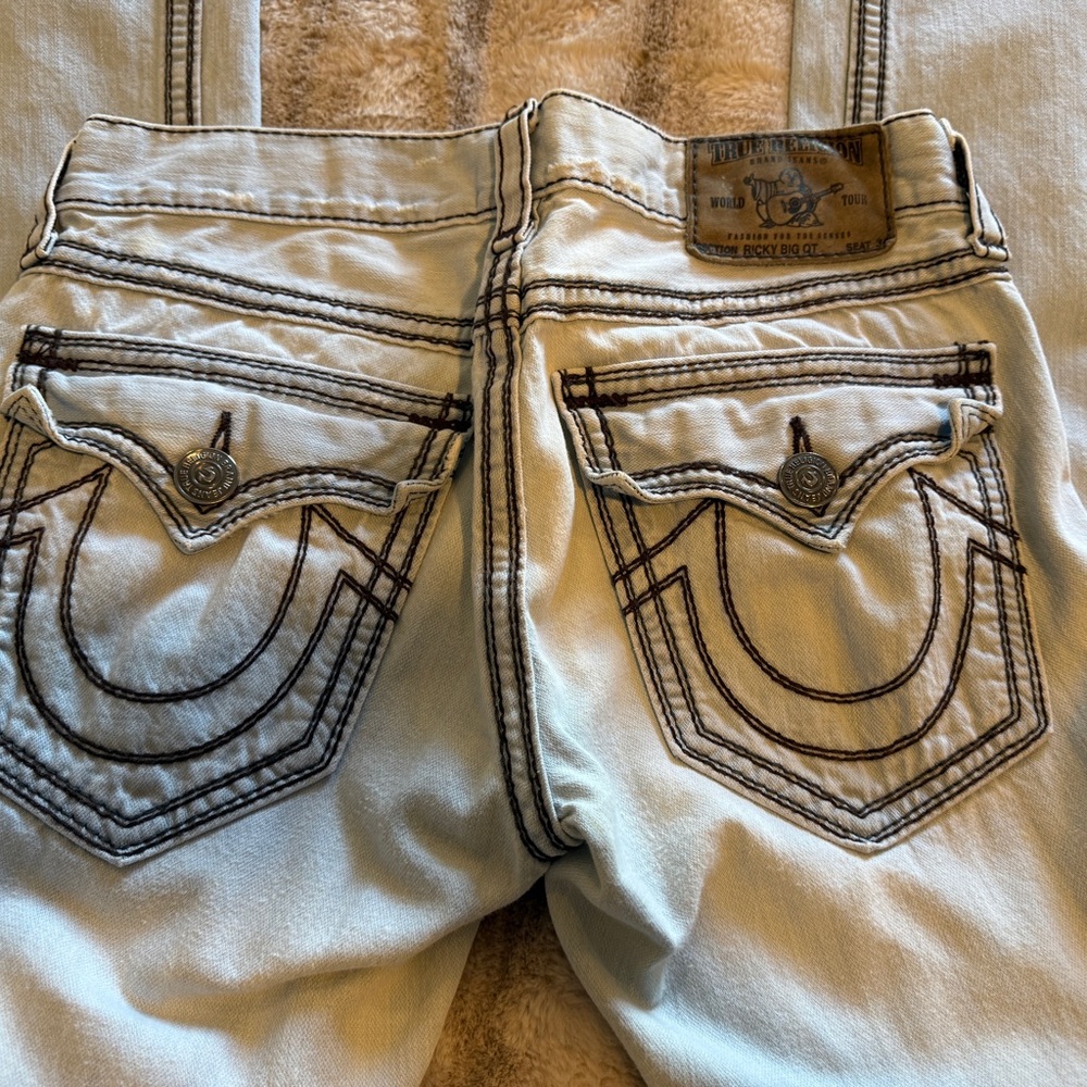 Mens Vintage True Religion Light Blue Jeans with Brown Stitching